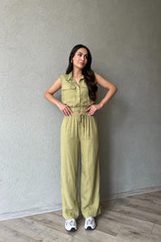 Haki Sıfır Kol Cep Detaylı Crop Pantolon Takım SY-1788-Haki