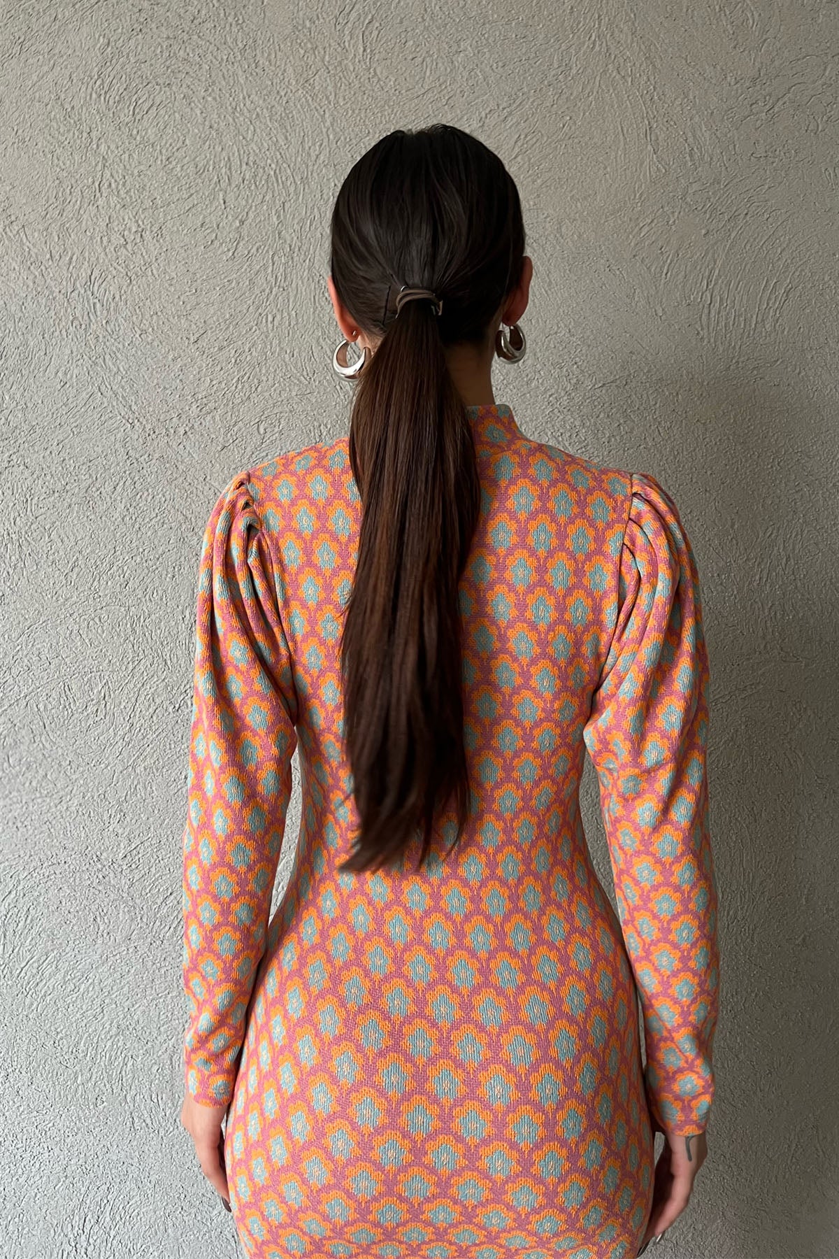 Turuncu Yarım Balıkçı Desenli Elbise SY-1023-Turuncu