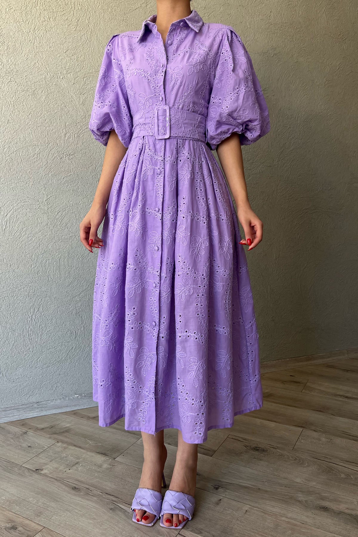 Lila Balon Kol Pile Detaylı Kemerli Brode Elbise SY-2084-Lila
