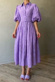 Lila Balon Kol Pile Detaylı Kemerli Brode Elbise SY-2084-Lila