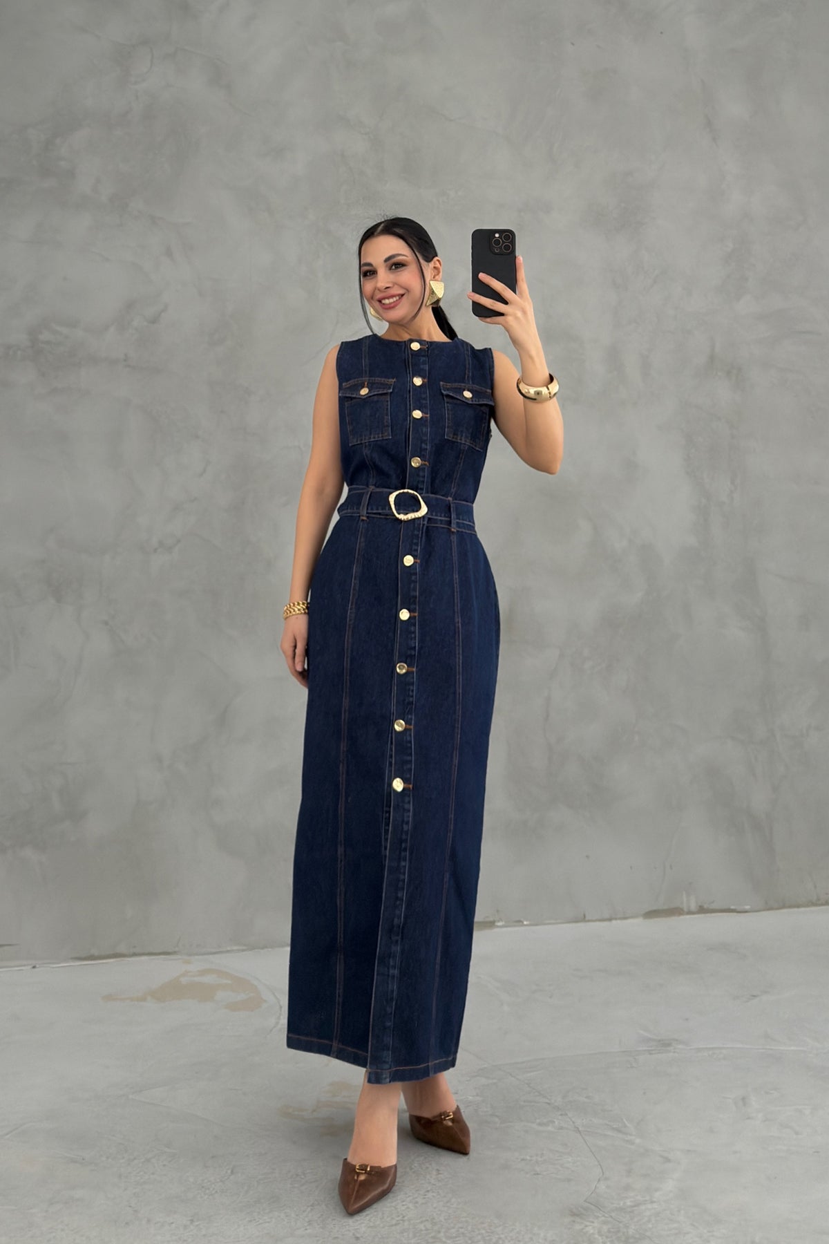 Gol Düğmeli Sıfır Kol Denim Elbise SY-3638-Mavi