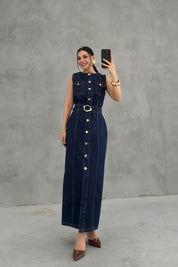 Gol Düğmeli Sıfır Kol Denim Elbise SY-3638-Mavi