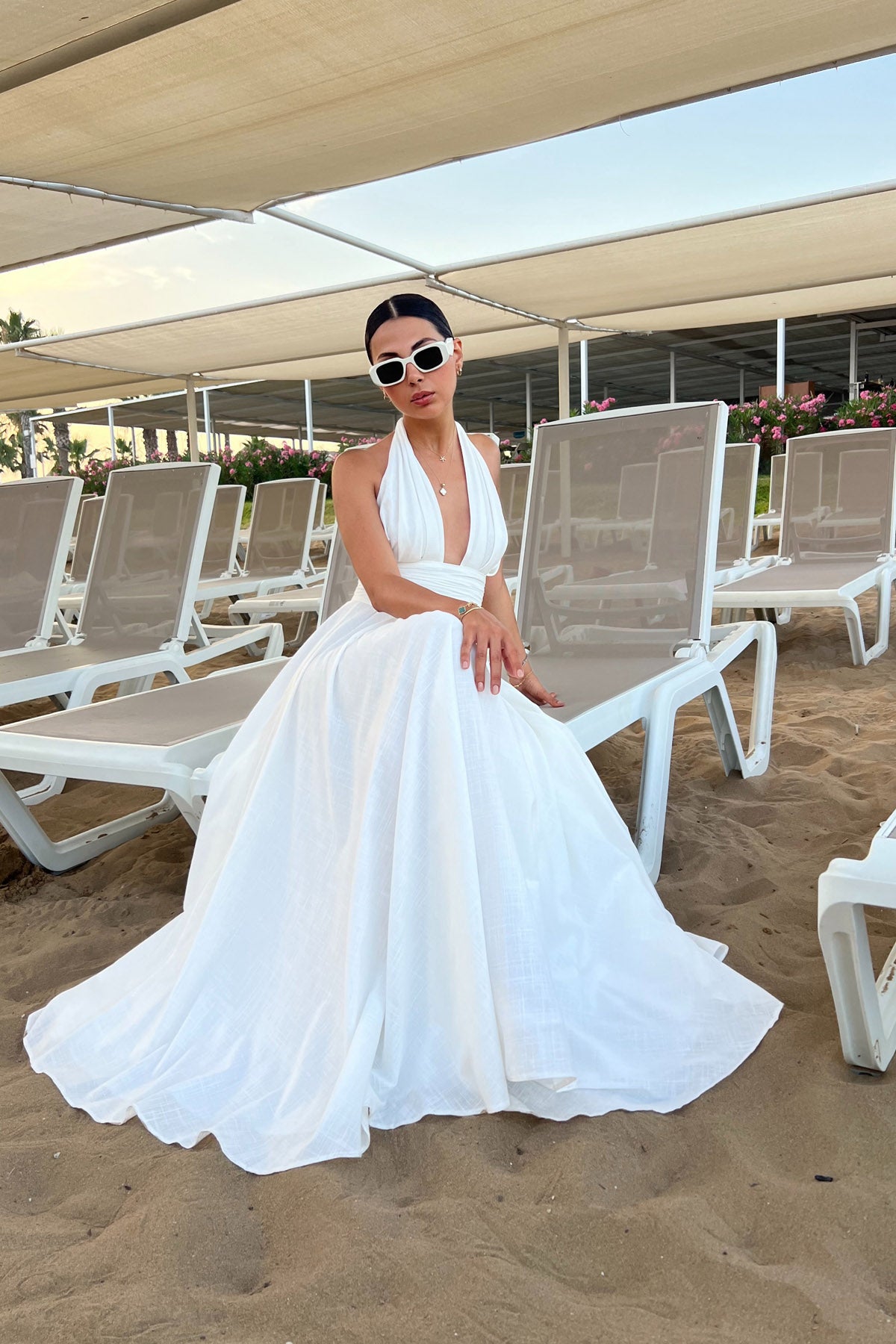 Beyaz Puglia Tasarım Sırt Detaylı Keten Elbise SY-2263-Beyaz