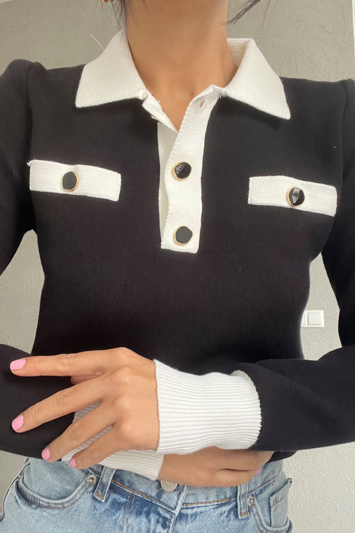 Siyah Düğme Detaylı Patlı Cepli Kazak SY-1163-Siyah