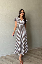 Kahverengi Çizgili Kısa Kol Elbise SY-2074-Kahverengi