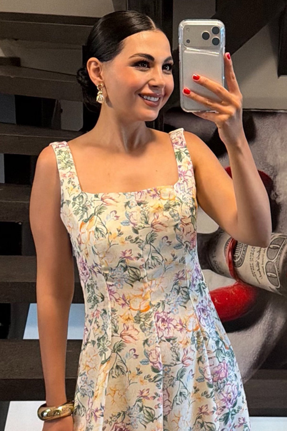 Bej Çiçek Desen Askılı Keten Elbise SY-3723-Bej