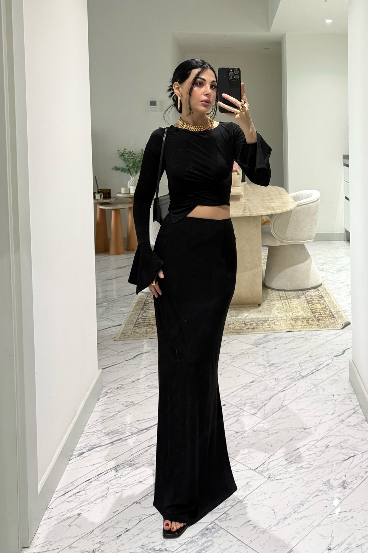 Siyah Büzgülü Bluz Etekli İkili Takım SY-2373-Siyah