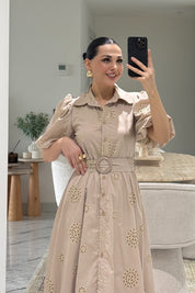 Bej Balon Kol Kemerli Brode Elbise SY-3637-Bej