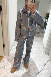 Mavi Çiçek Desenli Denim Ceket SY-3501-Mavi