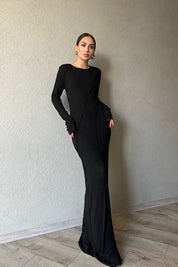 Siyah Dikiş Detaylı Sırt Dekolteli Astarlı Uzun Elbise SY-1658-Siyah