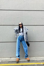 Mavi Çift Renkli Yüksek Bel Normal Paça Jean SY-1589-Mavi