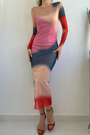 Pembe Desenli Astarlı Tül Elbise SY-0262-Pembe