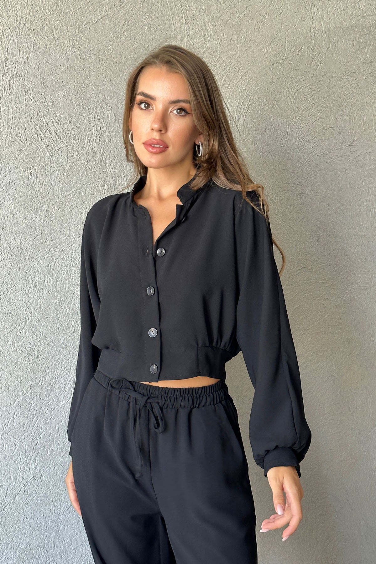 Siyah Düğme Detaylı Gömlek ve Beli Lastikli Pantolon Takım SY-0976-Siyah