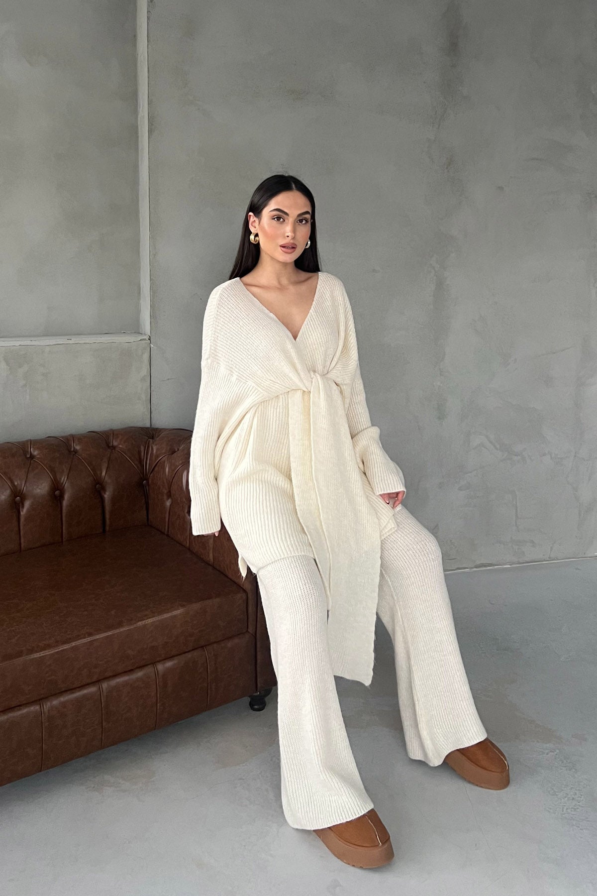 Ekru Bağlama Detay Kazak Pantolon Triko Takım SY-2773-Ekru