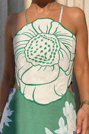 Renkli Positano Sırt Bağlamalı ve Çiçek Desenli Keten Elbise SY-2320-Renkli