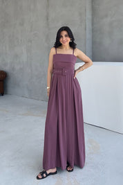 Mürdüm Geniş Pileli Kemerli Elbise SY-3070-Mürdüm