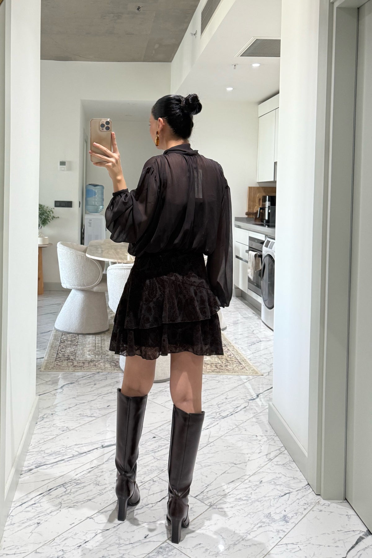 Eteği Kadife Astarlı Tasarım Tül Mini Elbise SY-3526-Kahverengi