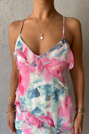 Pembe Çapraz Askılı  Fırfır Detaylı Mini Elbise SY-2331-Pembe