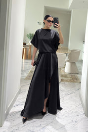 Siyah Saten Yırtmaçlı Elbise SY-3641-Siyah