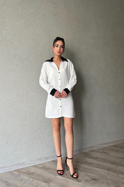 Ekru Garnili Düğme Detaylı Gömlek Elbise SY-1971-Ekru