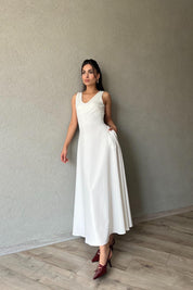 Ekru Kalın Askı Detaylı Kloş Elbise SY-1988-Ekru