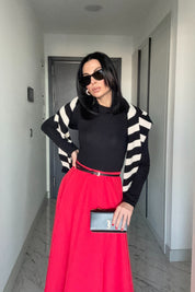 Pilili Volanlı Kırmızı Midi Etek SY-3472-Kırmızı