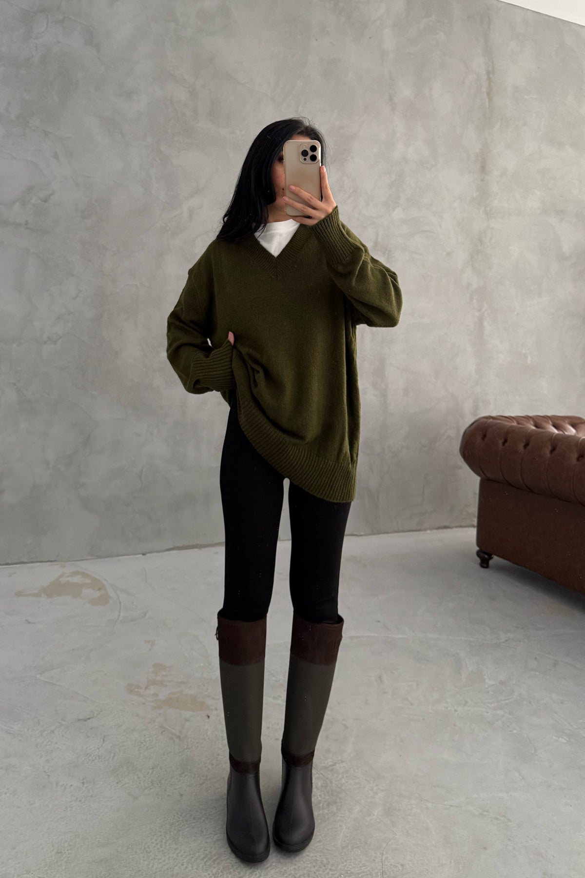 Haki V Yaka Oversize Pinterest Triko Kazak SY-3348-Haki