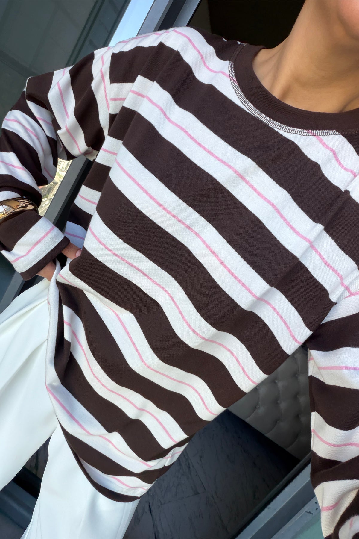Kahverengi Uzun Kollu Çizgili Tshirt SY-3849-Kahverengi