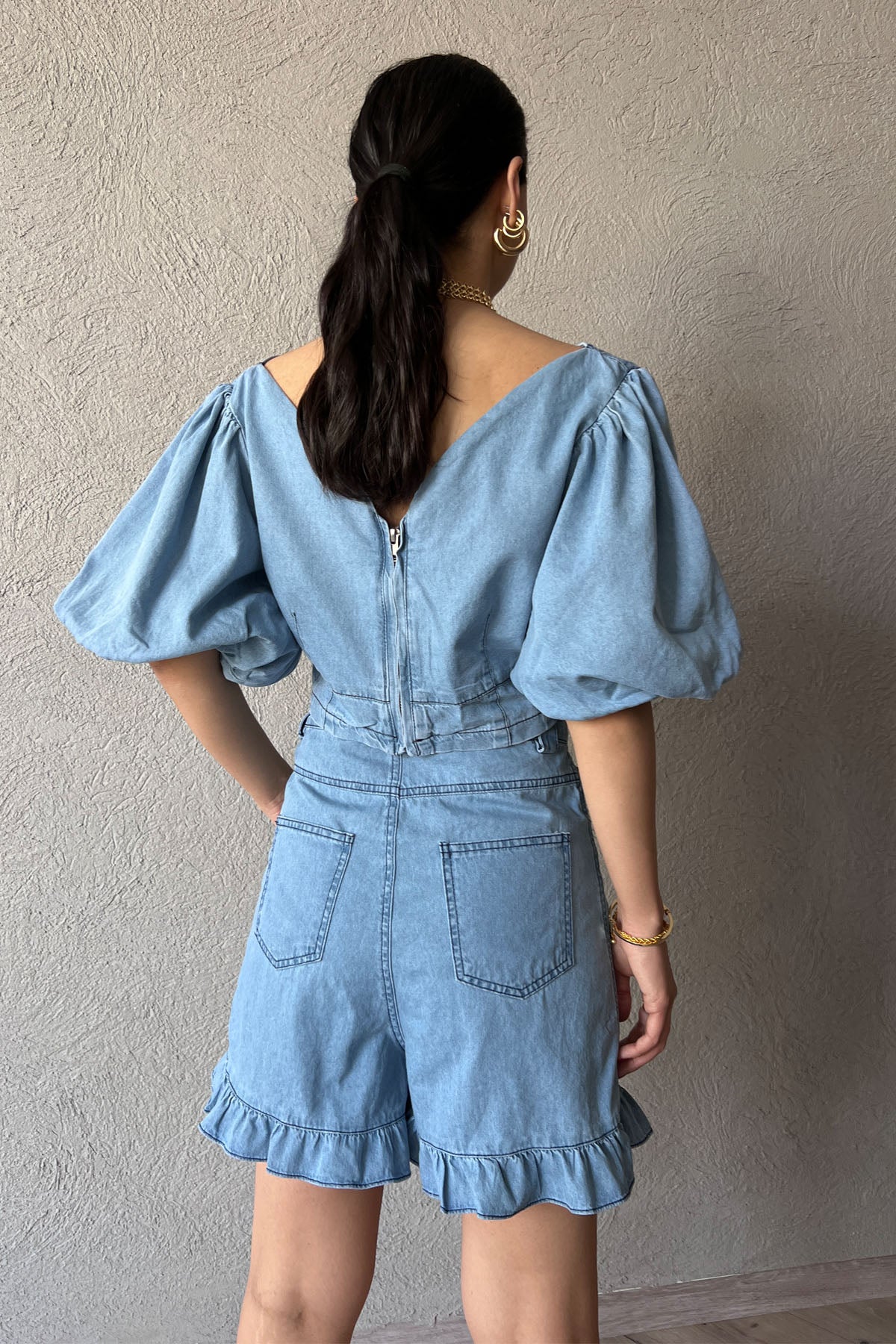 Açık Mavi Düğmeli Şort ve Bluz Denim Takım SY-0560-Açık Mavi