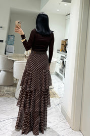 Kahverengi Puantiyeli Fırfırlı Kat Kat Kemerli ETek SY-3525-Puantiyeli