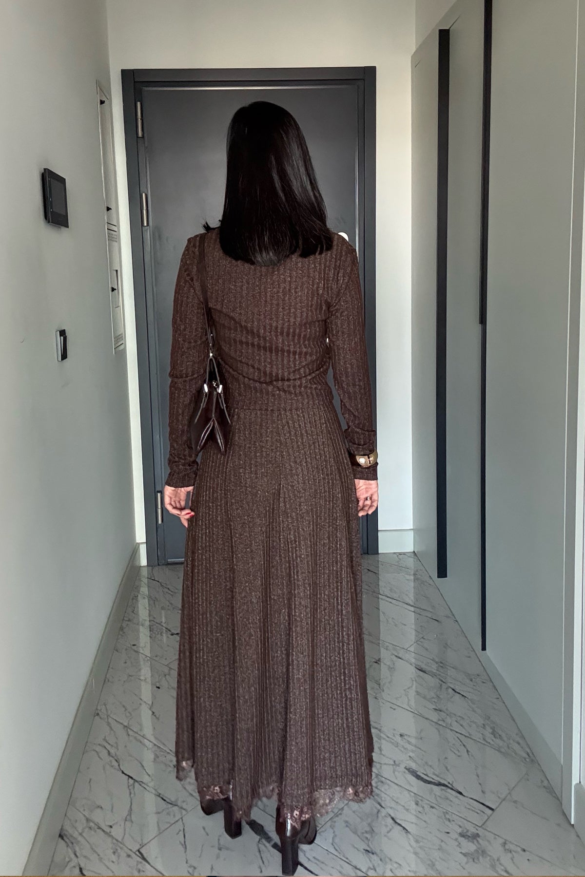 Dantel Detaylı Fitilli Hırka Ve Etek Takım SY-3507-Kahverengi