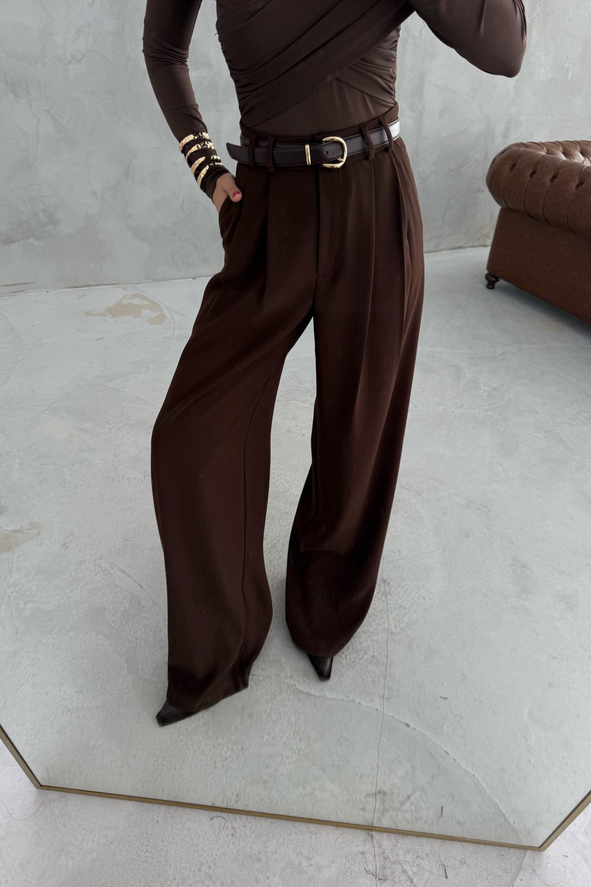 Kahverengi Pens Detaylı Palazzo Pantolon SY-3452-Kahverengi