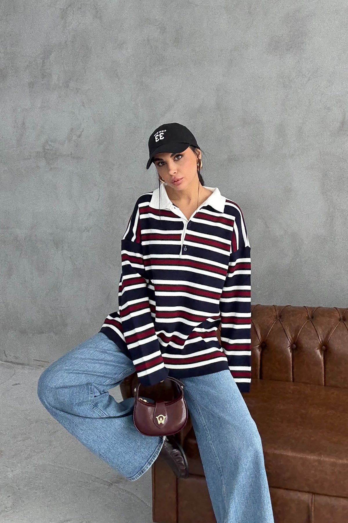 Bordo-Lacivert Polo Yaka Çizgili Kazak SY-3475-Lacivert