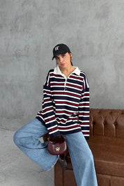 Bordo-Lacivert Polo Yaka Çizgili Kazak SY-3475-Lacivert