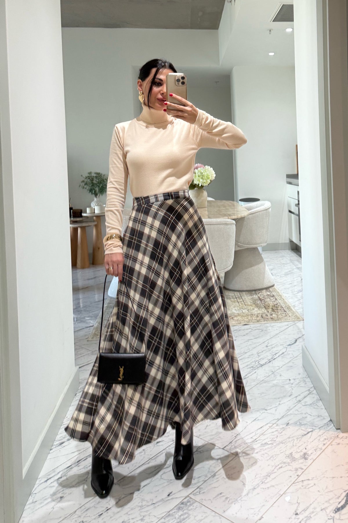 Ekru Ekose Desenli Verev Etek SY-3508-Ekru