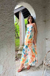 Turuncu Çok Renkli Desenli İp Askılı Keten Elbise SY-2020-Turuncu