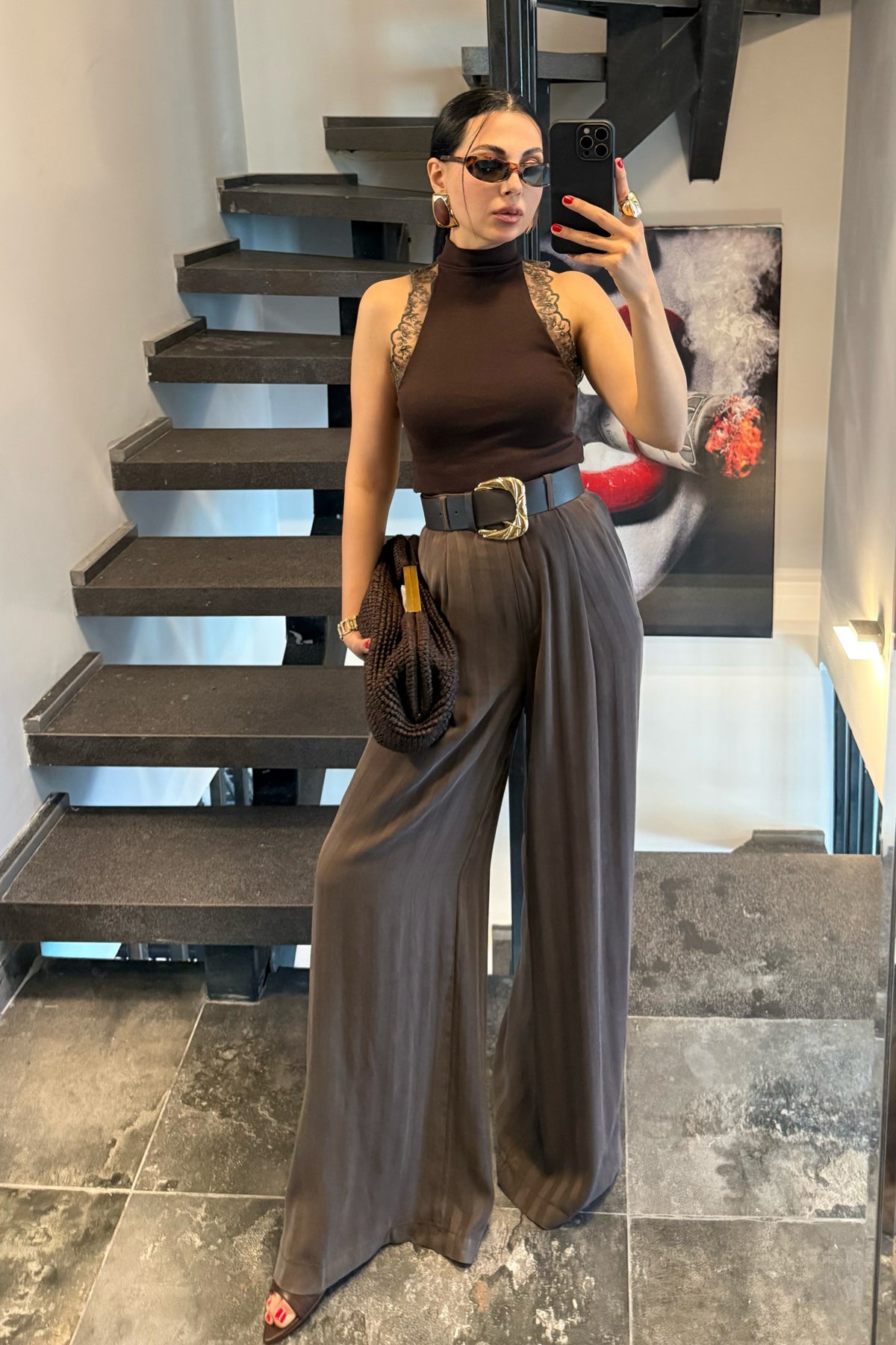 Kahve Balıkçı Yaka Güpür Detaylı Triko Bluz SY-3712-Kahverengi