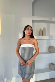 Gri Çizgili Straplez Detaylı Mini Elbise SY-1734-Gri