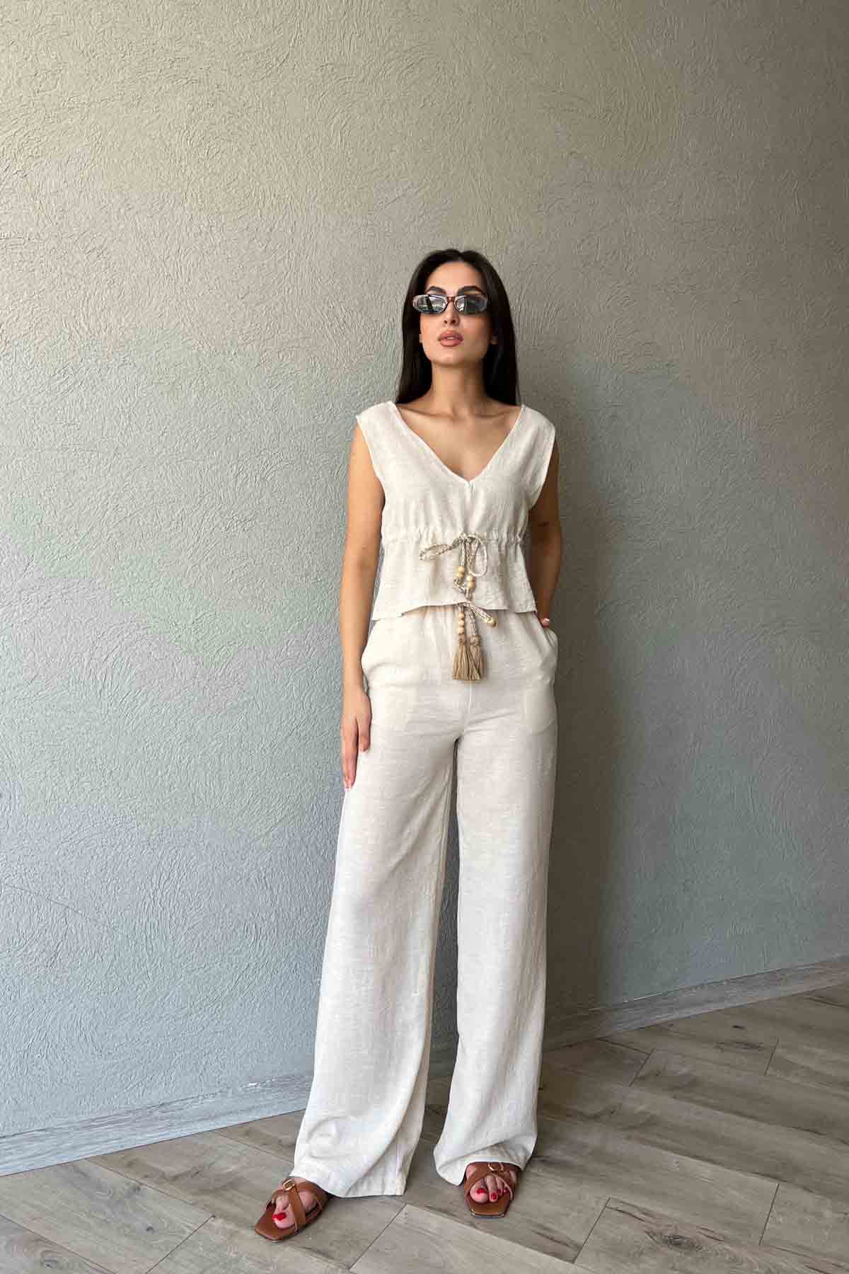 Taş Hasır Boncuk Kemer Detaylı Pantolon Takım SY-1990-Taş