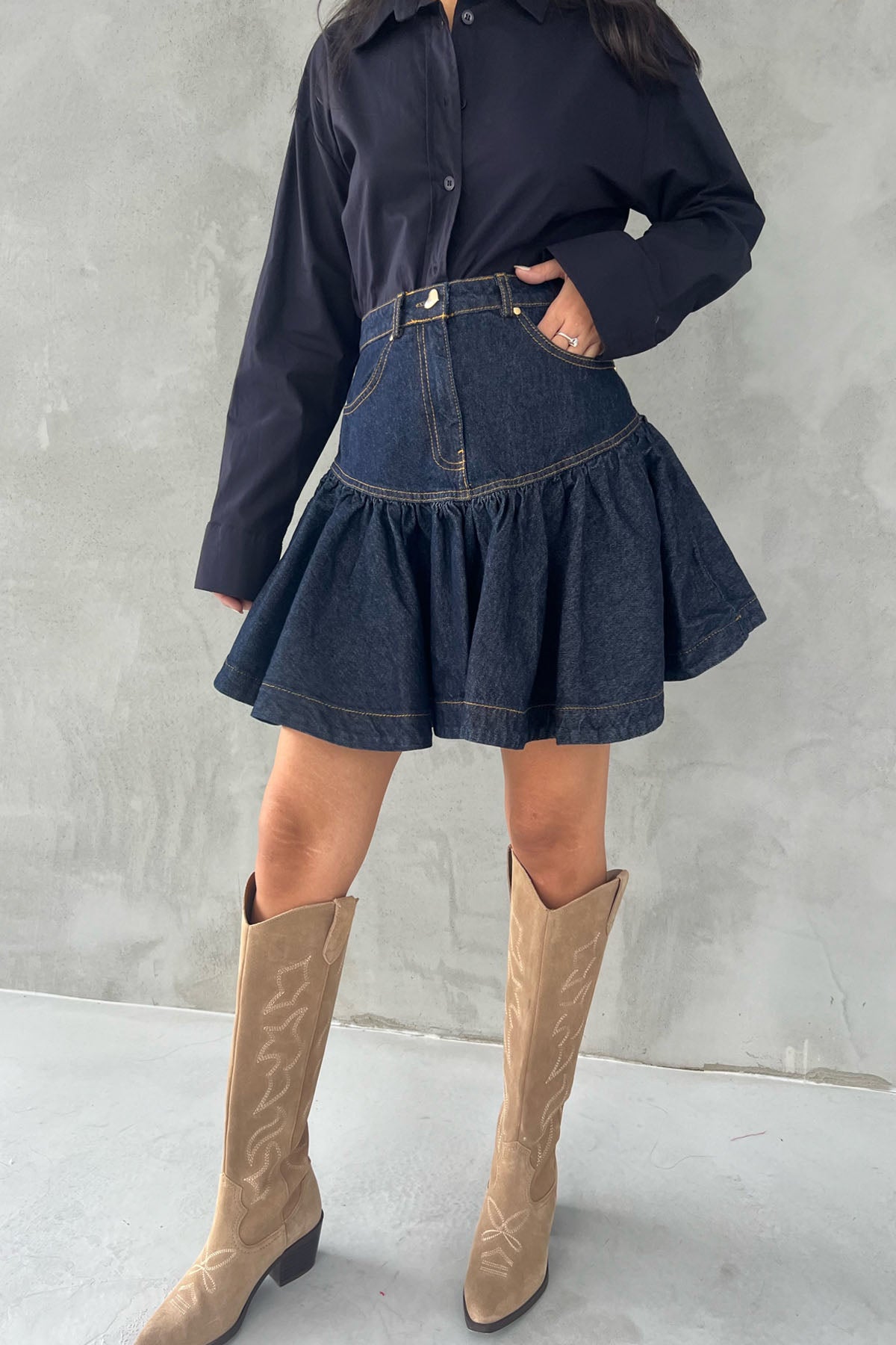 Lacivert Drenthe Büzgü Detaylı Kalp Düğmeli Denim Etek SY-2523-Lacivert