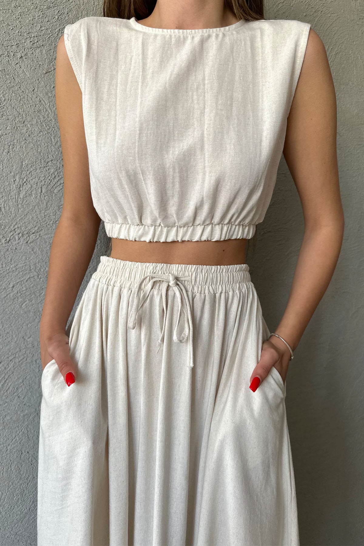 Naturel Keten Lastik Detaylı Uzun Etek ve Crop Takım SY-0516-Naturel