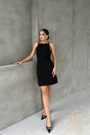 Siyah Kayık Yaka Askılı Kısa Elbise SY-2370-Siyah