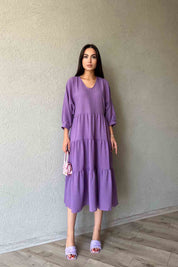 Müslin Kumaş V Yaka Rahat Kesim Mor Elbise SY-1939-Mor