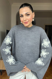 Antrasit Tasarım Kolları Nakışlı Kazak SY-2837-Antrasit