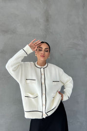 Ekru Siyah Çizgili Cepli Simli Hırka SY-2452-Ekru