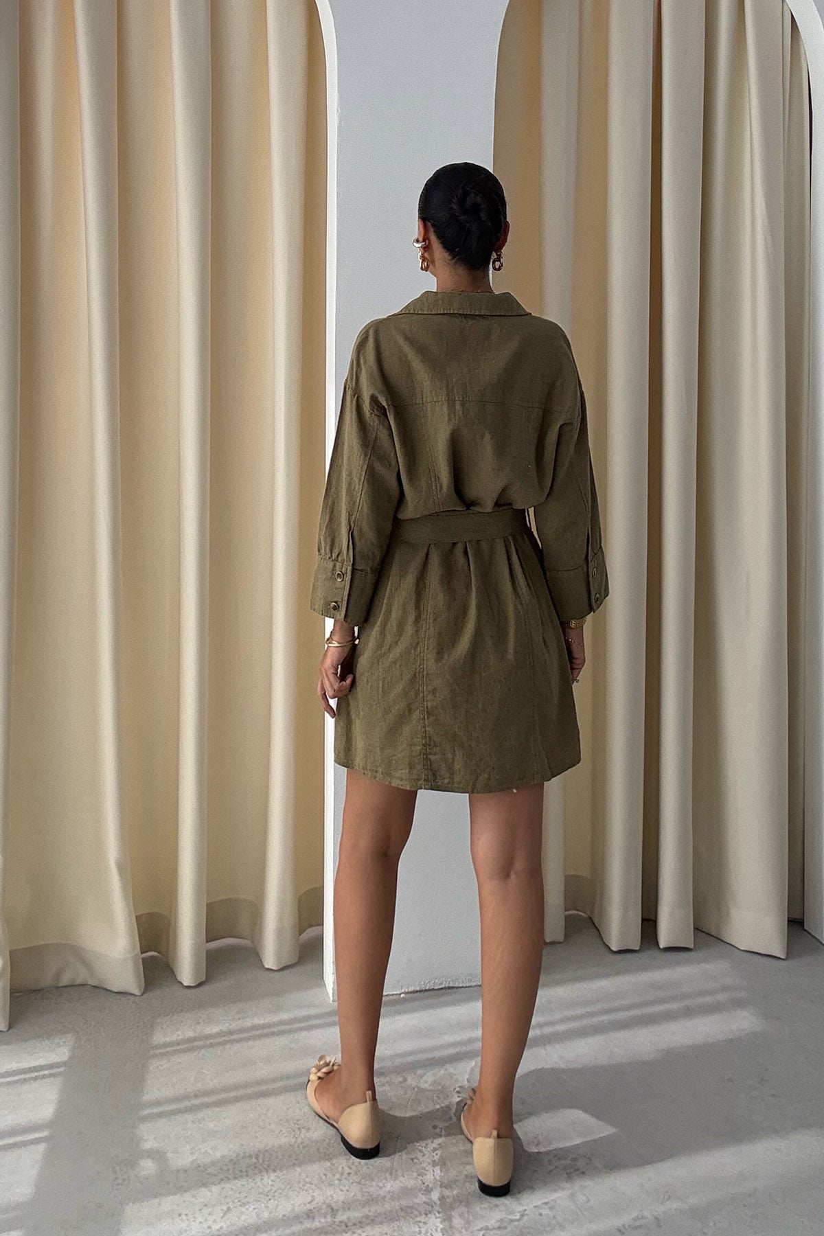 Haki Keten Kuşaklı Gömlek Elbise SY-3213-Haki
