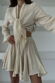 Bej Bağlama Detay Bluz ve Fırfırlı Etek Takım SY-0401-Bej