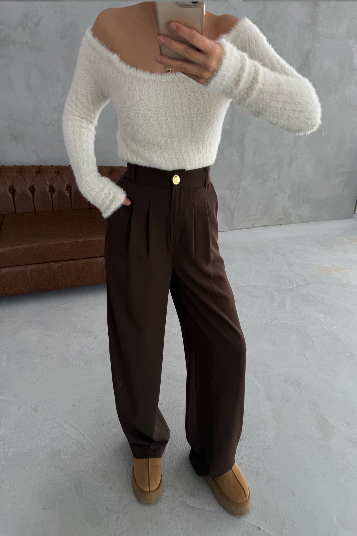 Kahve Gold Düğme Detaylı Palazzo Pantolon SY-3424-Kahve