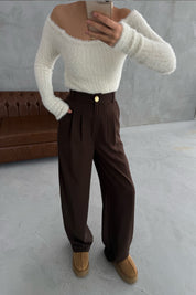 Kahve Gold Düğme Detaylı Palazzo Pantolon SY-3424-Kahve