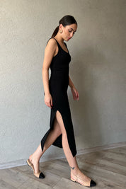 Siyah Kare Yaka Midi Elbise SY-1646-Siyah